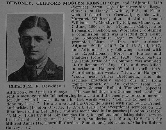 Dewdney C M F Captain 14th Gloucestershire Regiment Obit