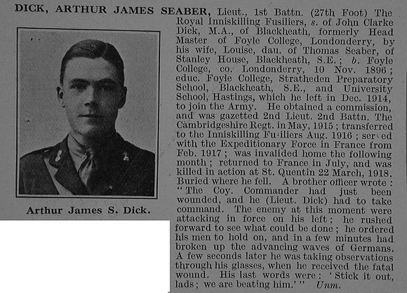 Dick A J S Lt 1st Royal Inniskilling Fusiliers Obit