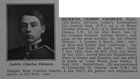 Dickens C C Major 13th London Regiment (Kensington) Obit