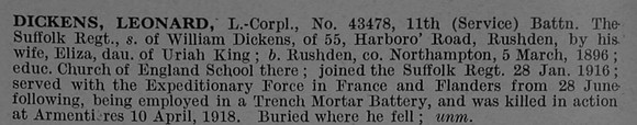 Dickens L L/Cpl 43478 11th Suffolk Regiment Obit