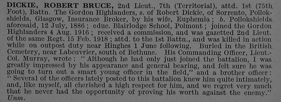 Dickie R B 2nd Lt 7th Gordon Highlanders Obit