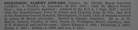 Dickinson A E Gnr 180123 Royal Garrison Artillery Obit