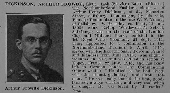 Dickinson A F Lt 14th Northumberland Fusiliers Obit