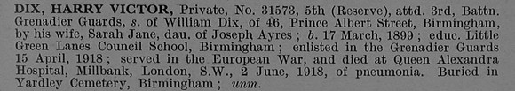 Dix H V Pte 31573 5th Attd 3rd Grenadier Guards Obit