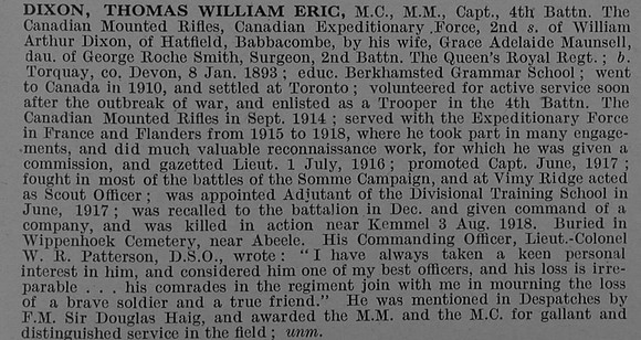 Dixon T W E Captain MC MM 4th Canadian Mounted Rifles (Central Ontario Regiment) Obit