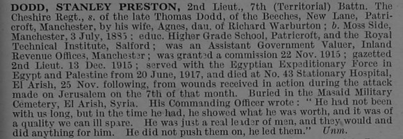 Dodd S P 2nd Lt 7th Cheshire Regiment Obit