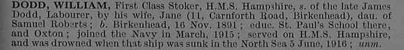 Dodd W First Class Stoker K24689 H.M.S. Hampshire Royal Navy