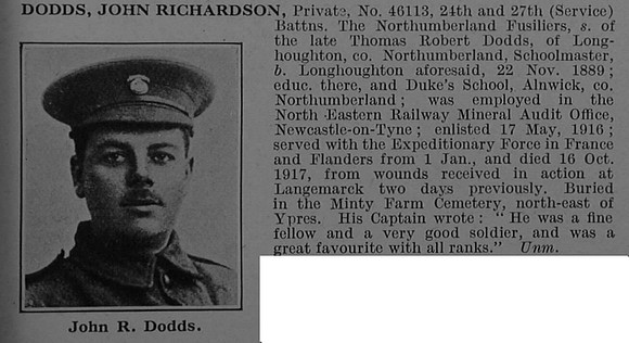 Dodds J R Pte 46113 24th Attd 27th Northumberland Fusiliers Obit