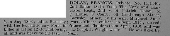 Dolan F Pte 1440 2nd York & Lancaster Regiment Obit