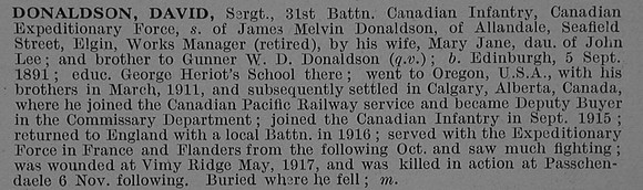 Donaldson D Sergt 31st 160075 31st Canadian Infantry (Alberta Regiment) Obit
