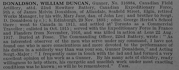 Donaldson W D Gnr 316884 Canadian Field Artillery Obit