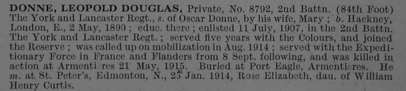 Donne L D Pte 8792 2nd York & Lancaster Regiment Obit