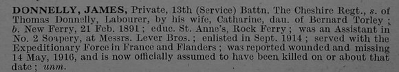 Donnelly J Pte W340 13th Cheshire Regiment Obit