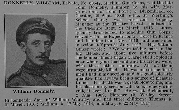 Donnelly W Pte 63547 Machine Gun Corps Obit