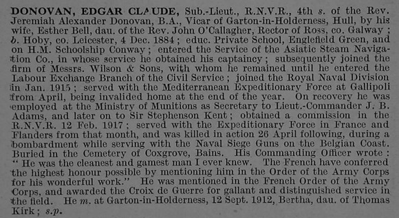Donovan E C Sub Lt Siege Guns Royal Naval Volunteer Reserve Obit