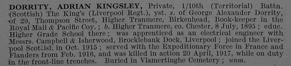 Dorrity A K Pte 356676 10th The King's (Liverpool Regiment) Obit