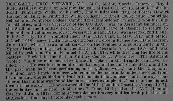 Dougall E S Major VC MC Royal Field Artillery Obit