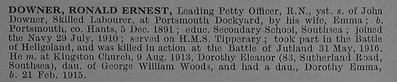 Downer R E Leading Petty Officer H.M.S.Tipperary Royal Navy Obit