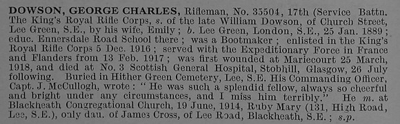 Dowson G C Rfn 35504 17th Kings Royal Rifle Corps Obit