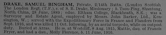 Drake S B Pte 7414 14th London Regiment Obit