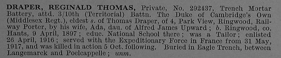 Draper R T Pte 292437 10th Middlesex Regiment Obit