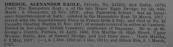 Dredge A E Pte 243251 2nd Hampshire Regiment Obit