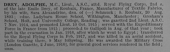 Drey A Lt MC Army Service Corps Attd Royal Flying Corps Obit