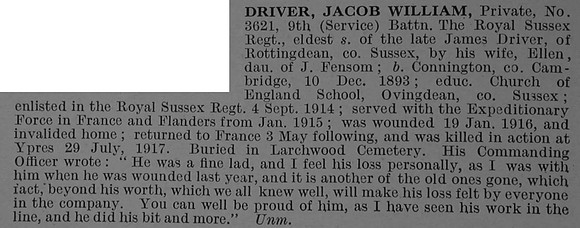 Driver J W Pte 3621 9th Royal Sussex Regiment Obit