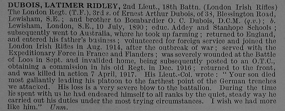 Dubois L R 2nd Lt 18th London Regiment (London Irish Rifles) Obit