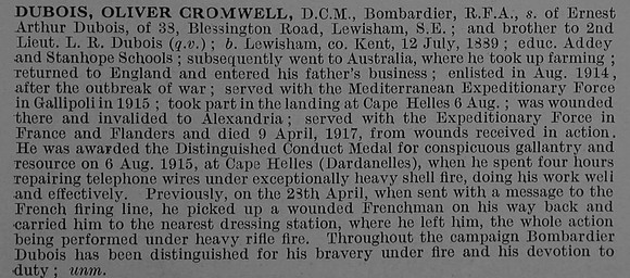 Dubois O C Bmdr DCM 78293 Royal Field Artillery Obit