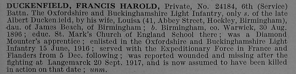 Duckenfield F H Pte 24184 6th Oxford & Bucks Light Infantry Obit