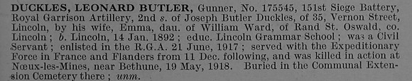 Duckles L B Gnr 175545 Royal Garrison Artillery Obit