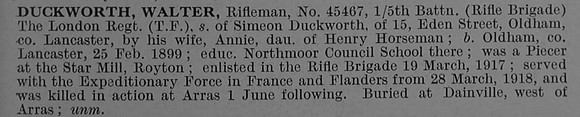 Duckworth W Rfn 45467 5th London Regiment (London Rifle Brigade) Obit
