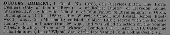 Dudley R L/Cpl 10788 8th Royal Fusiliers Obit De Ruvignys Roll Of Honour Vol 4