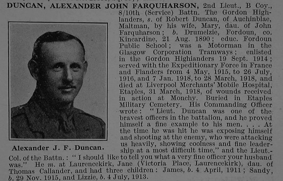 Duncan A J F 2nd Lt 10th Gordon Highlanders Obit
