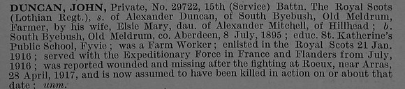 Duncan J Pte 29722 15th Royal Scots Obit