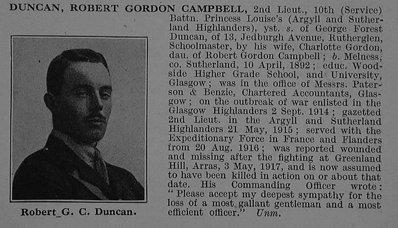 Duncan R G C 2nd Lt 10th Argyll & Sutherland Highlanders Obit