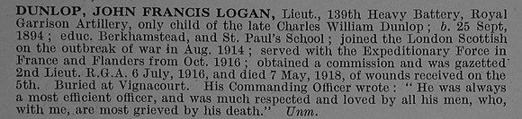Dunlop J F L Lt Royal Garrison Artillery Obit
