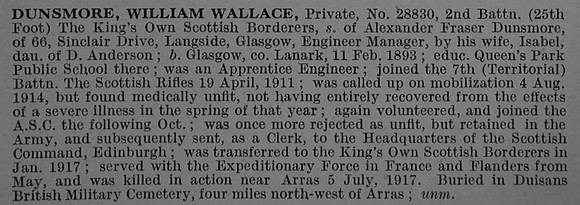 Dunsmore W W Pte 28830 2nd Kings Own Scottish Borderers Obit