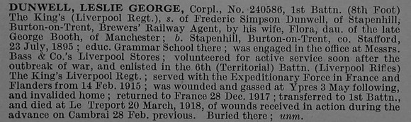 Dunwell L G Cpl 240586 1st Kings Liverpool Regiment Obit