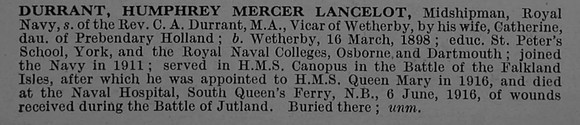 Durrant H M L Midshipman H.M.S. Queen Mary Royal Navy