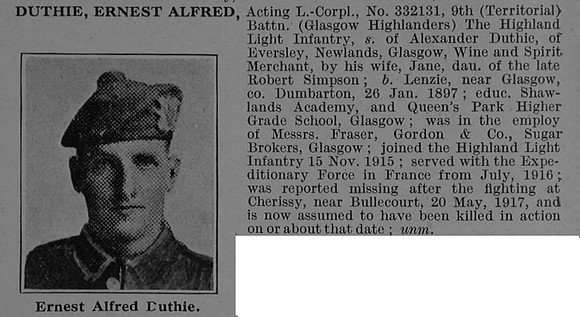Duthie E A L/Cpl 332131 9th Highland Light Infantry Obit