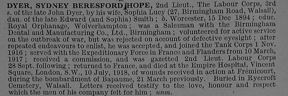 Dyer S B H 2nd Lt Labour Corps Obit