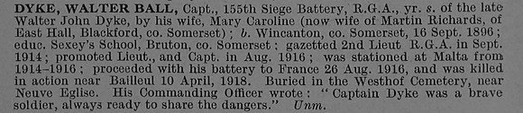 Dyke W B Captain Royal Garrison Artillery Obit