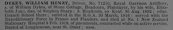 Dykes W H Dvr 71230 Royal Garrison Artillery Obit