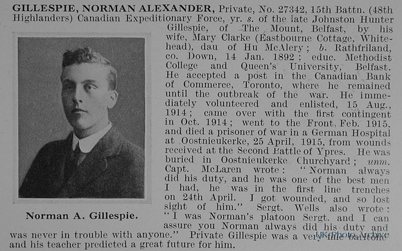 Gillespie N A Pte 27342 15th Canadian Expeditionary Force Obit