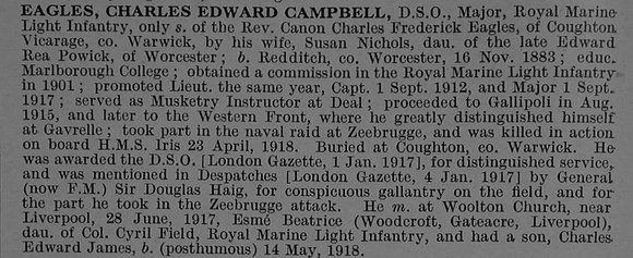 Eagles C E C Major DSO Chatham Coy. R.M. Bn. Royal Marine Light Infantry