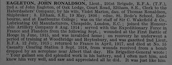 Eagleton J R Lt Royal Field Artillery Obit Part 1