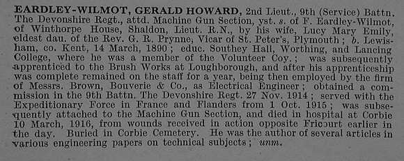 Eardley-Wilmot G H 2nd Lt 9th Devonshire Regiment