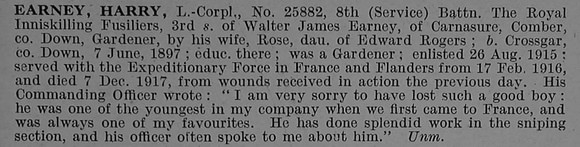 Earney H L/Cpl 25882 8th Royal Inniskilling Fusiliers Obit